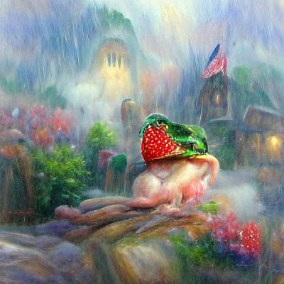 Frog in Strawberry Hat Fantasy Art