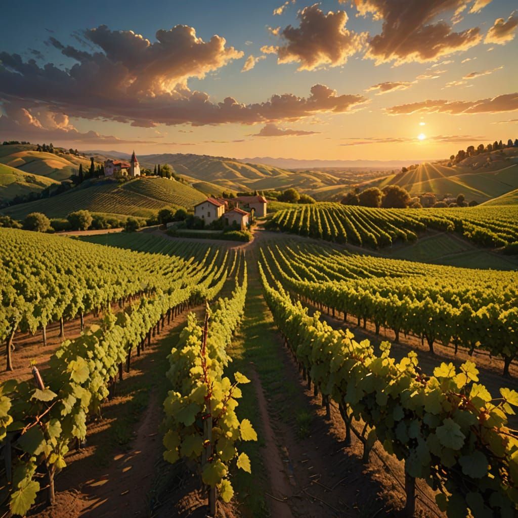 Golden Hour Vineyard Scene in Vibrant Oil Painting Style