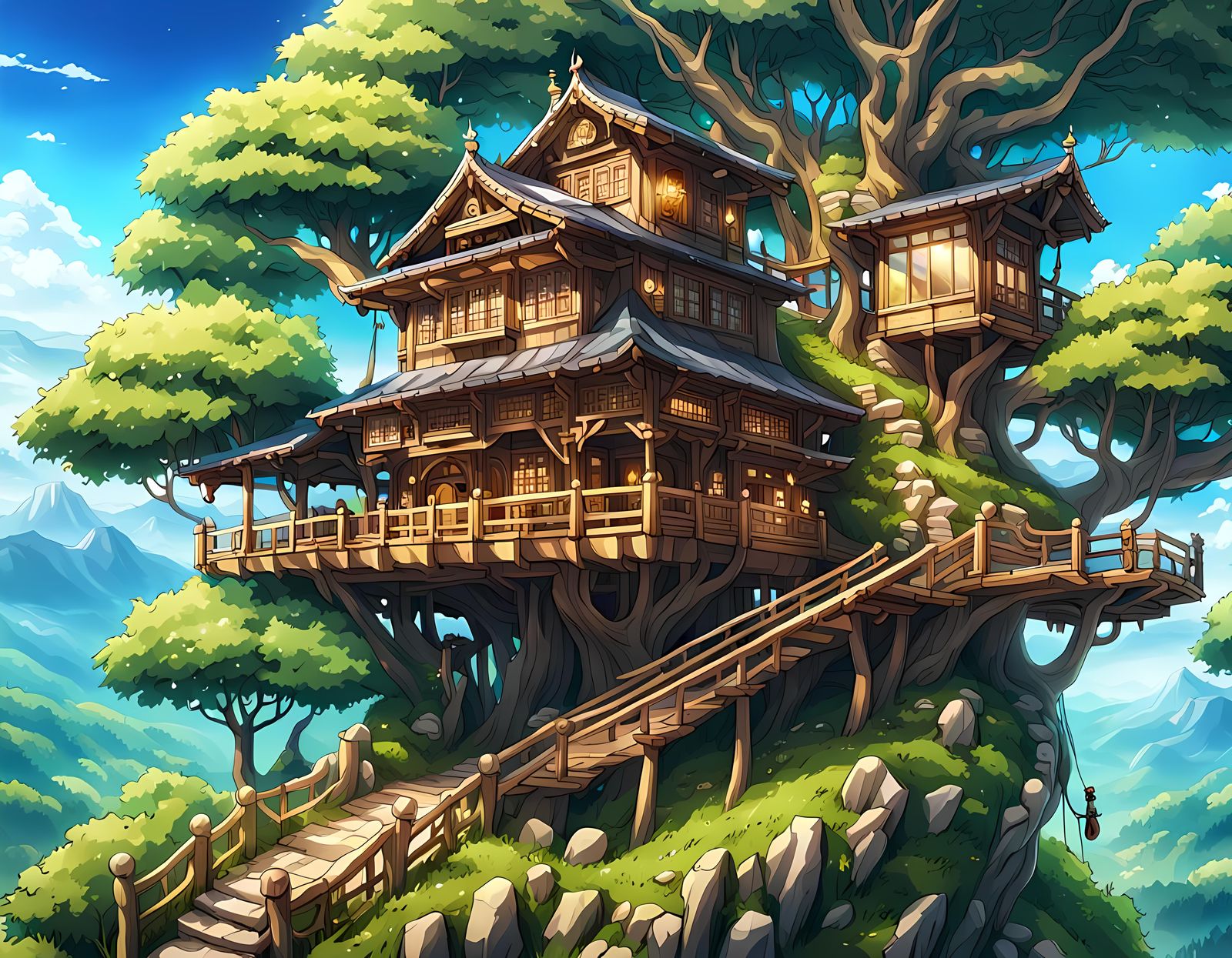 Kashmiri Treehouse in Studio Ghibli Anime Style