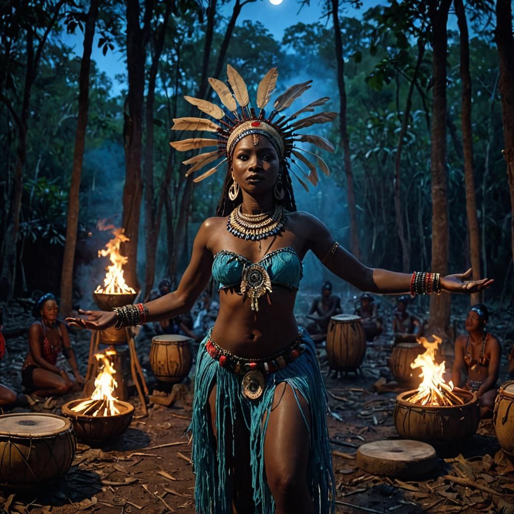 Haitian Voodoo Priestess Dancing in Moonlight