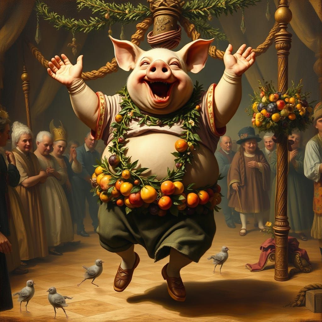 Jovial Man Dances with Fruits and Flowers in a Vibrant Maypo...