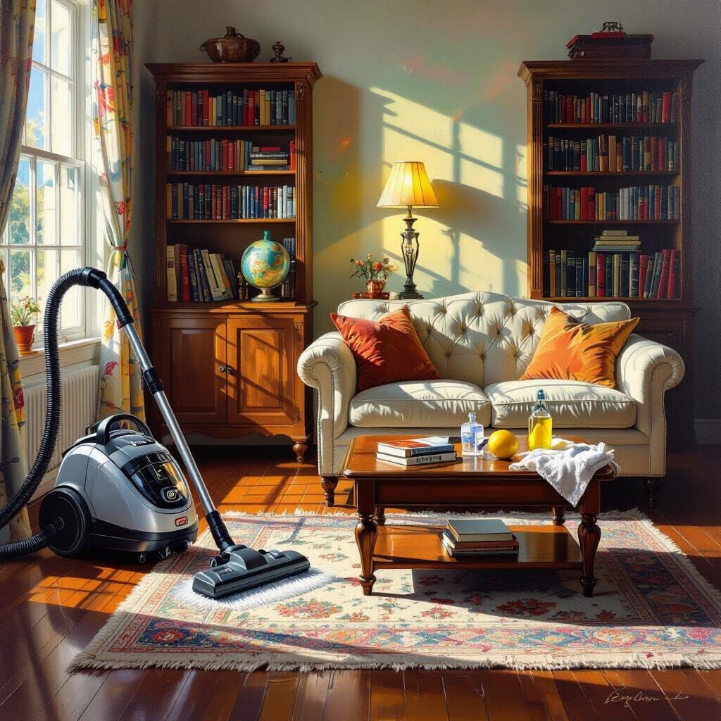 Magical Cleaning Room in Surrealist Oil Painting Style