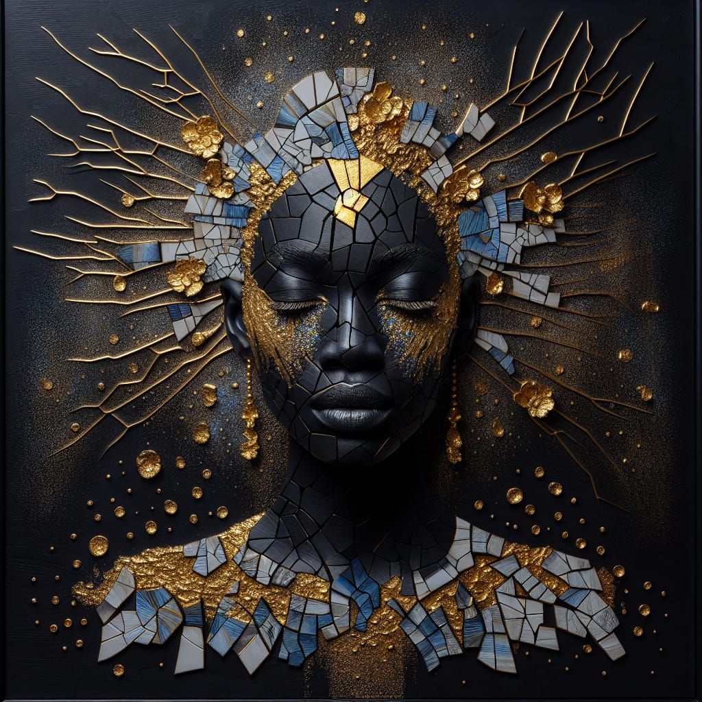 African Woman in Cracked Acrylic and Kintsugi Collage