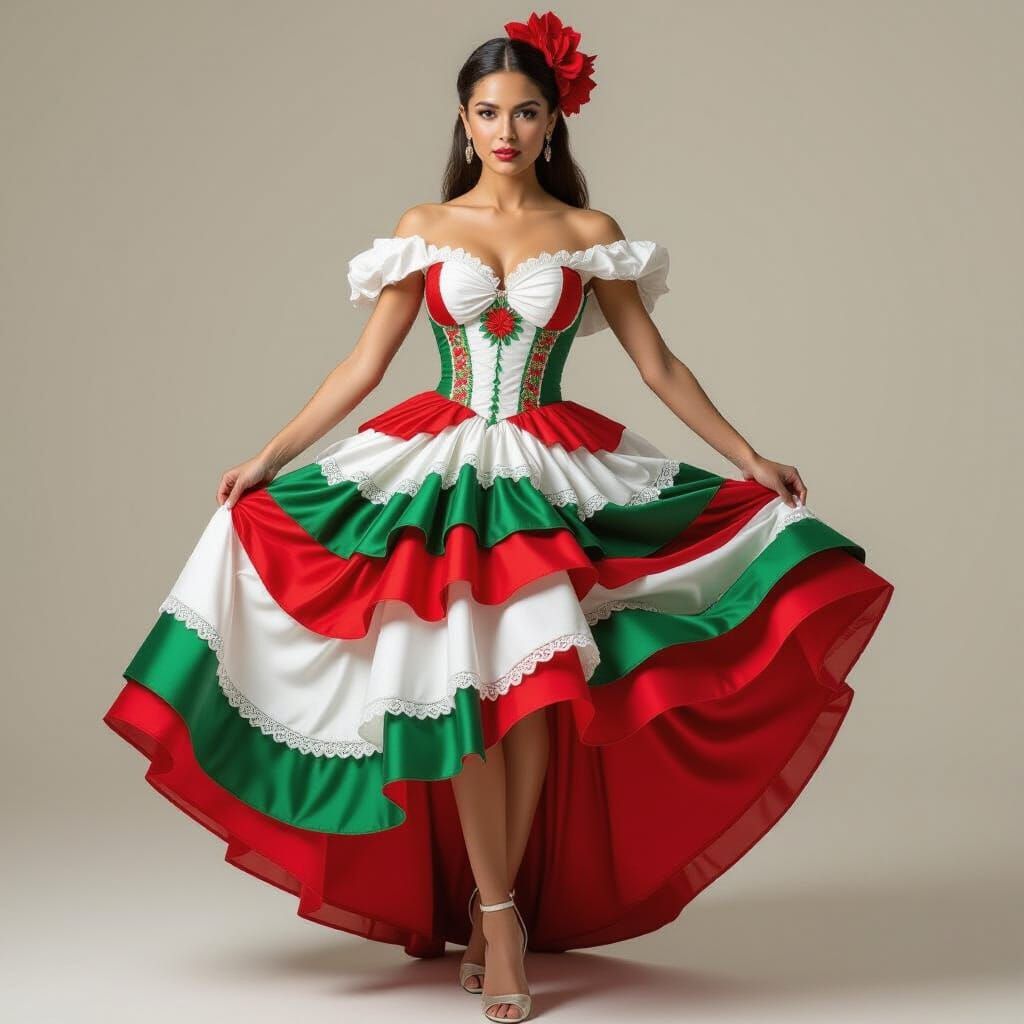 Mexican Woman in Flowing Liquid Dress, Hyperrealistic Portra...