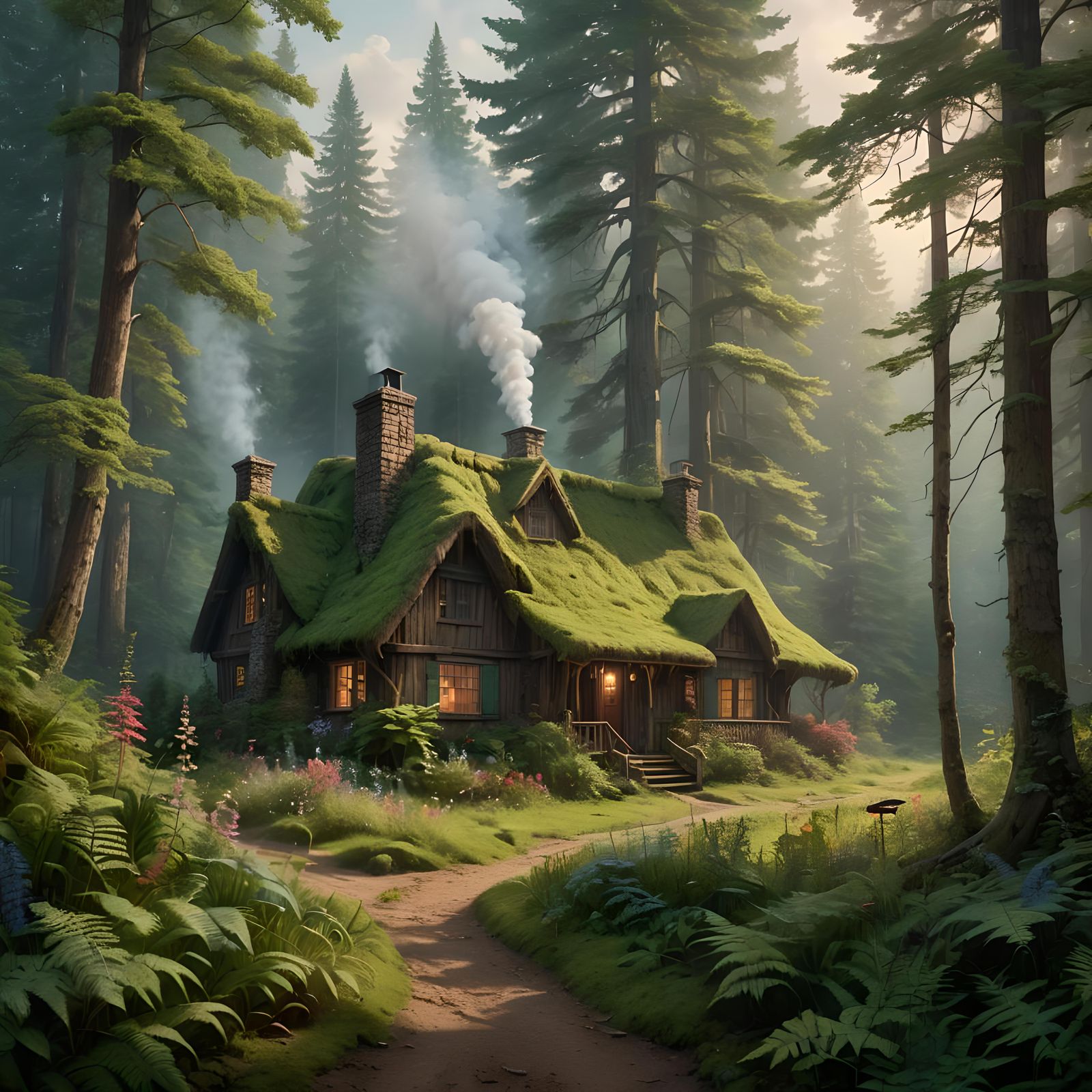 Secluded Medieval Cabin in Dense Forest: Detailed Matte Pain...