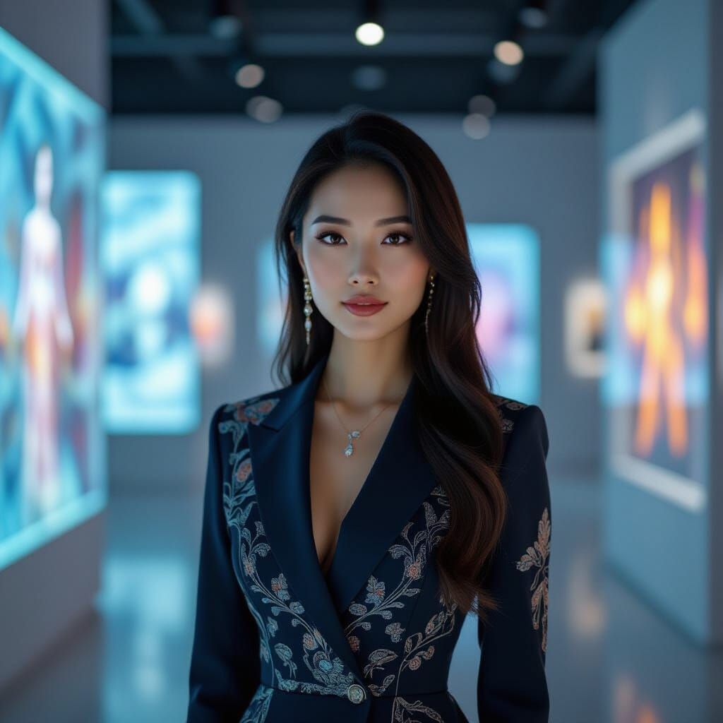 Confident Woman in Futuristic Gallery, Cinematic Film Still