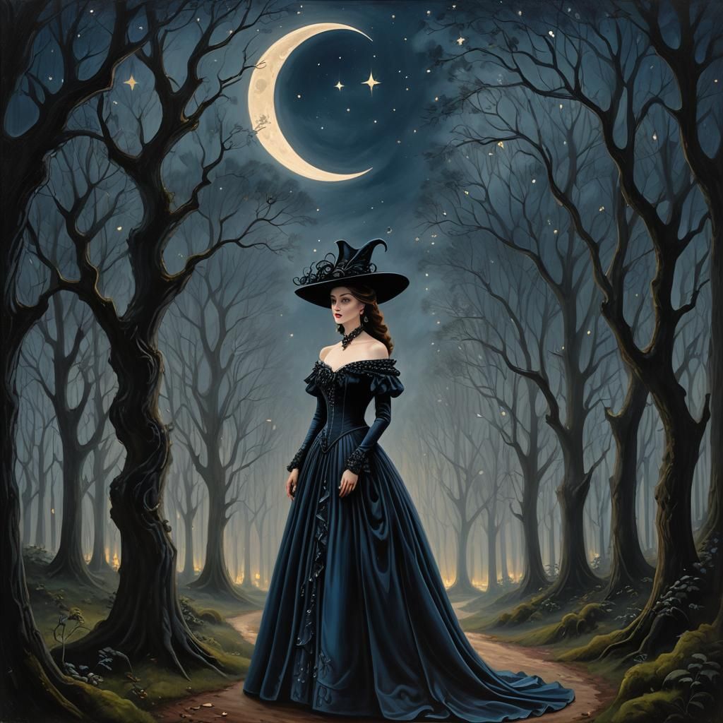 Victorian Woman in Mystical Forest: Gothic Oil Painting