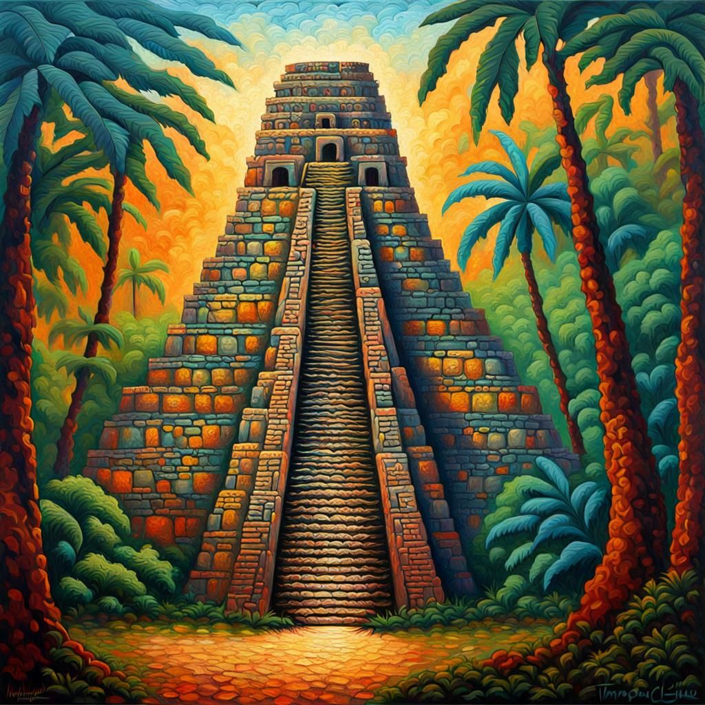 Mayan Temple in Jungle: Expressionist Oil Painting