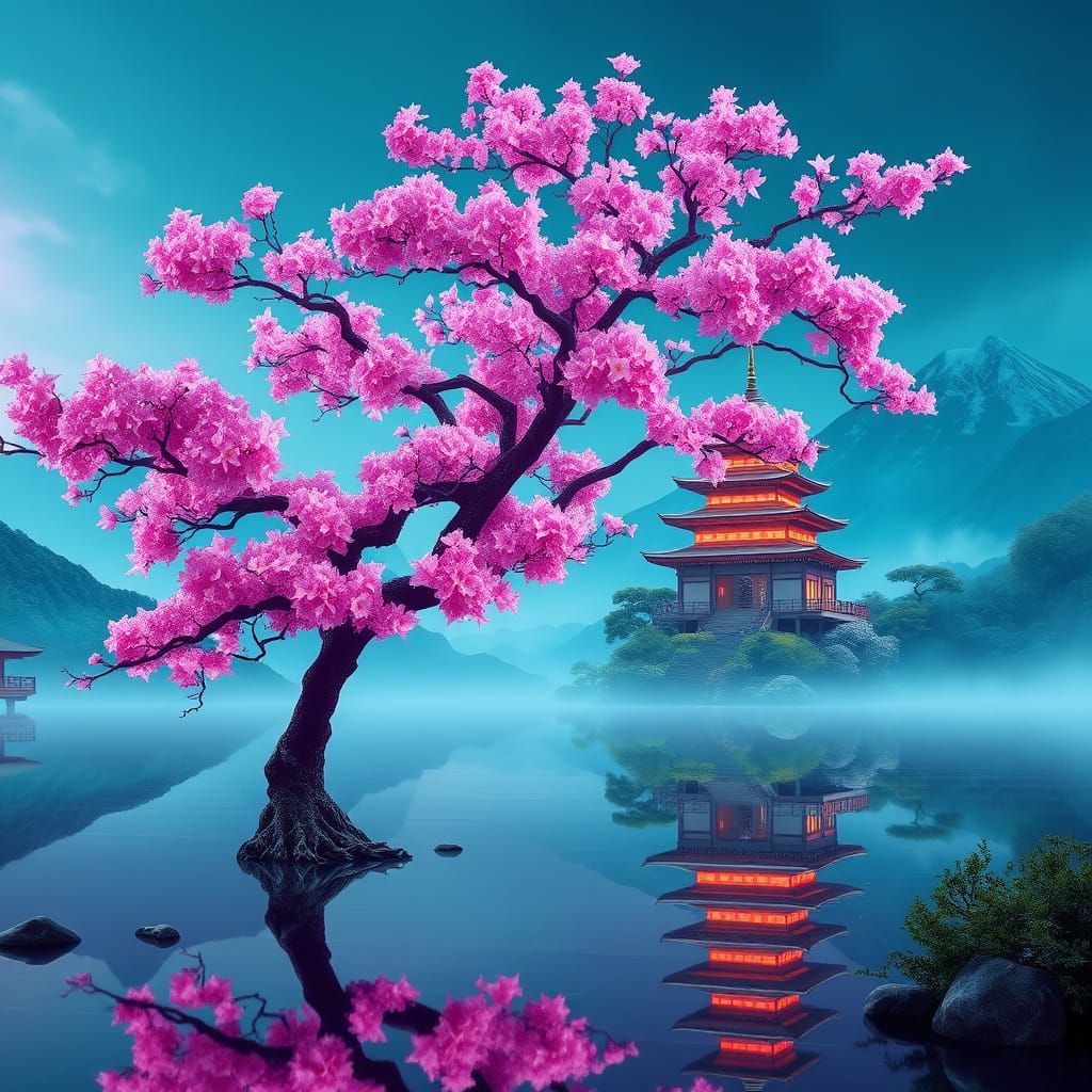 Cyberpunk Sakura Tree Stands Tall in Futuristic Japanese Lan...