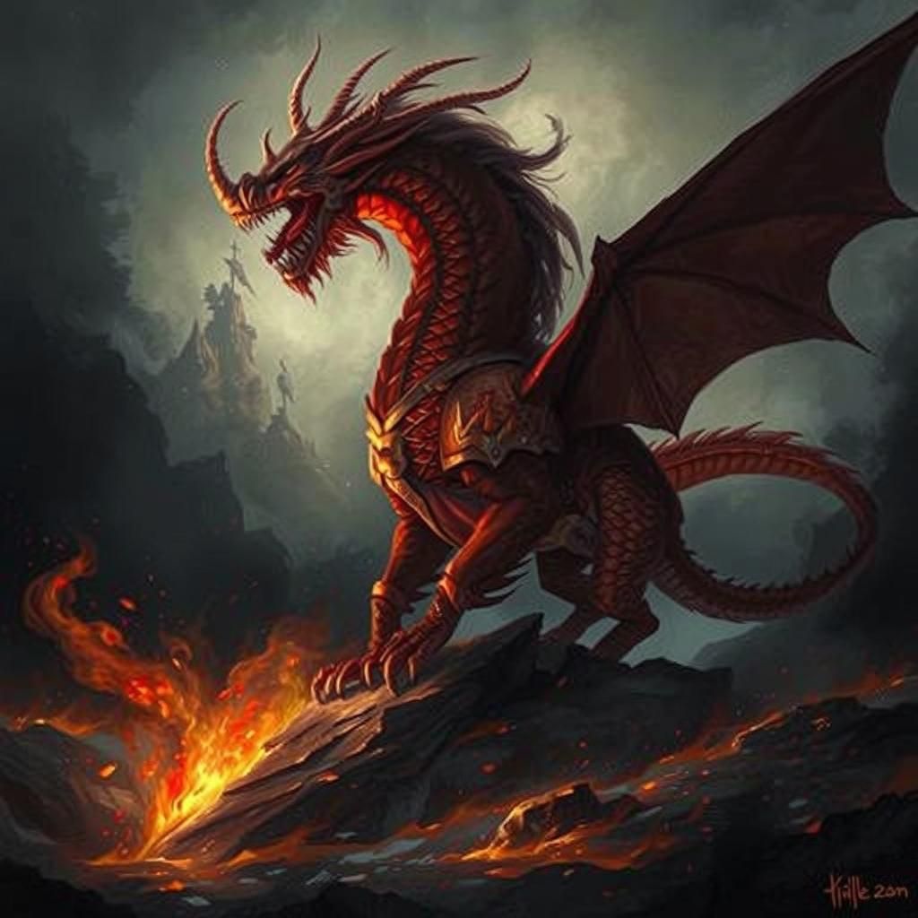 Crimson Dragon Warrior Roaring on Smoldering Peak