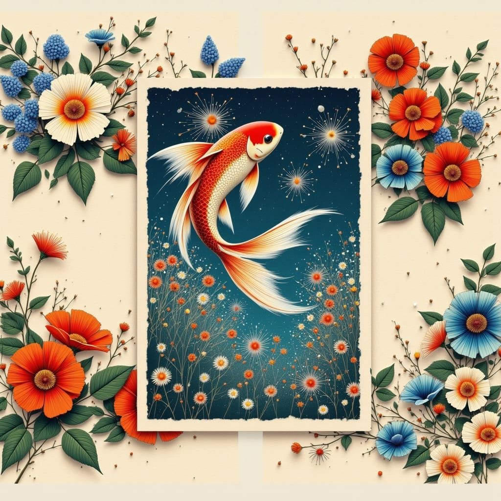 Morning Glories and Goldfish Card in Woodblock Print Style