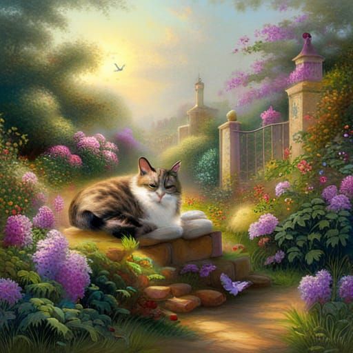 Cat's Ethereal Dream of Birds in Fantasy Style