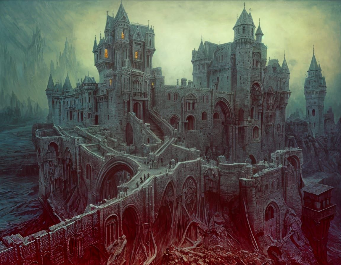 Surreal Castle with Drawbridges: Dark Dreamscape Painting