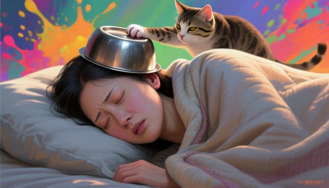 Woman Stirred by Cat's Food Bowl in Dramatic Concept Art