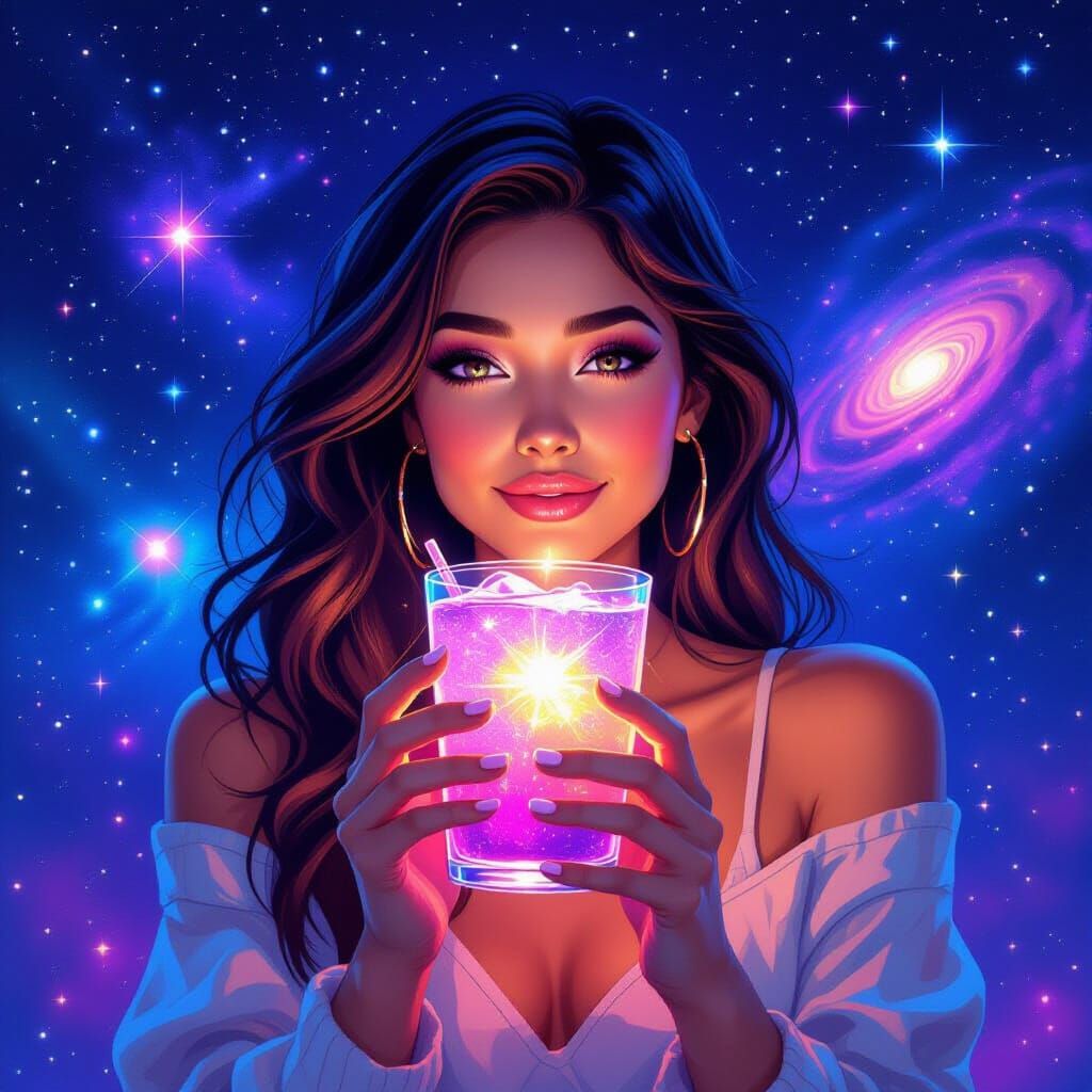 Woman with Cosmic Drinks in Dreamy Digital Art