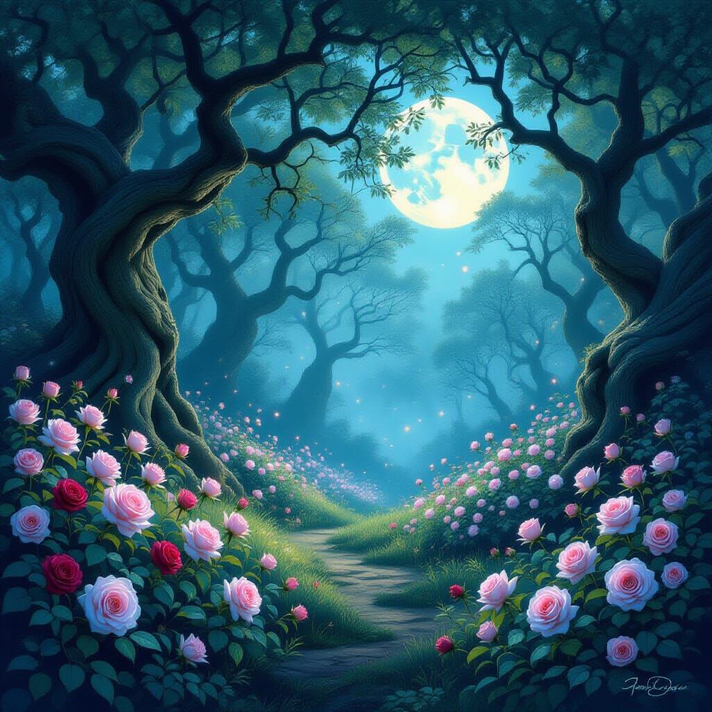 Enchanted Forest Clearing with Glowing Roses Under Moonlight