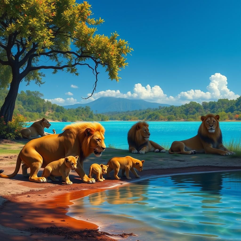 Lion Family at Water's Edge in Matte Painting Style