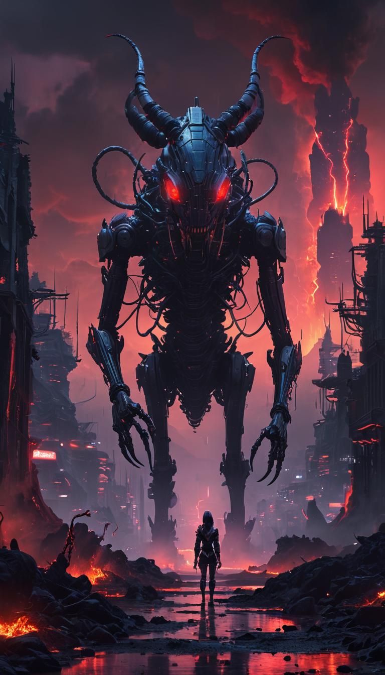 Cyberpunk Hellscapes: Giant Cybernetic Beasts and Fiery City