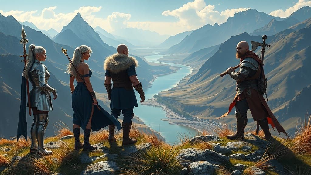 Five Heroes Stand United atop a Windswept Hill, Embracing An...