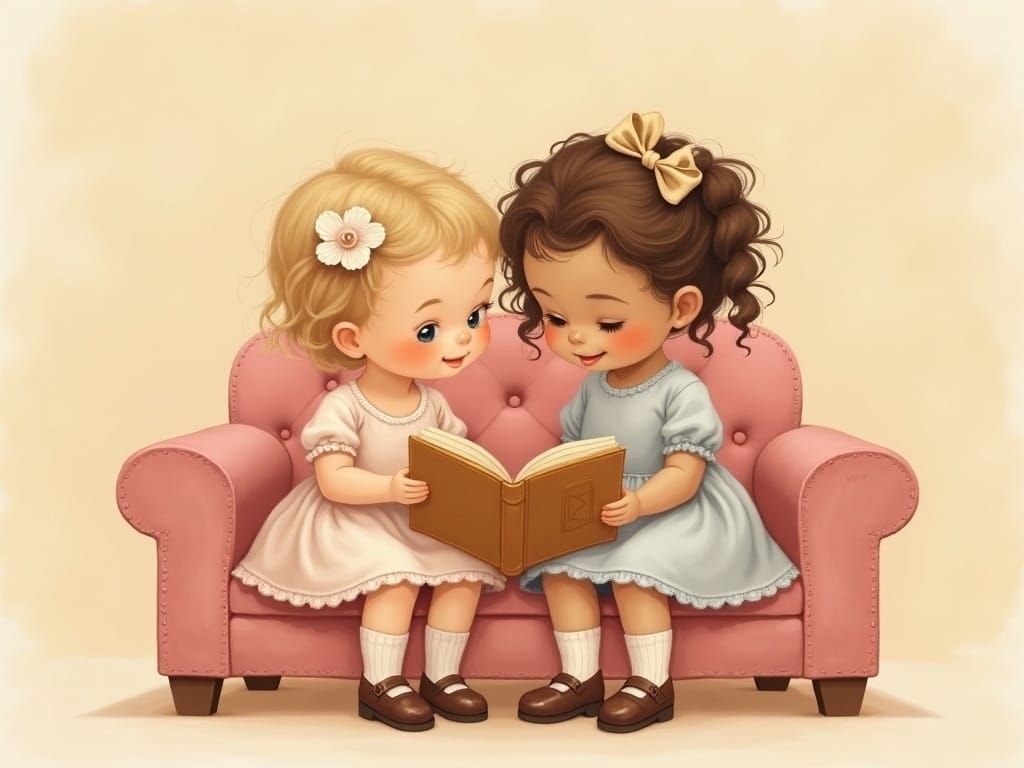 Girls Reading Book in Beatrix Potter Style