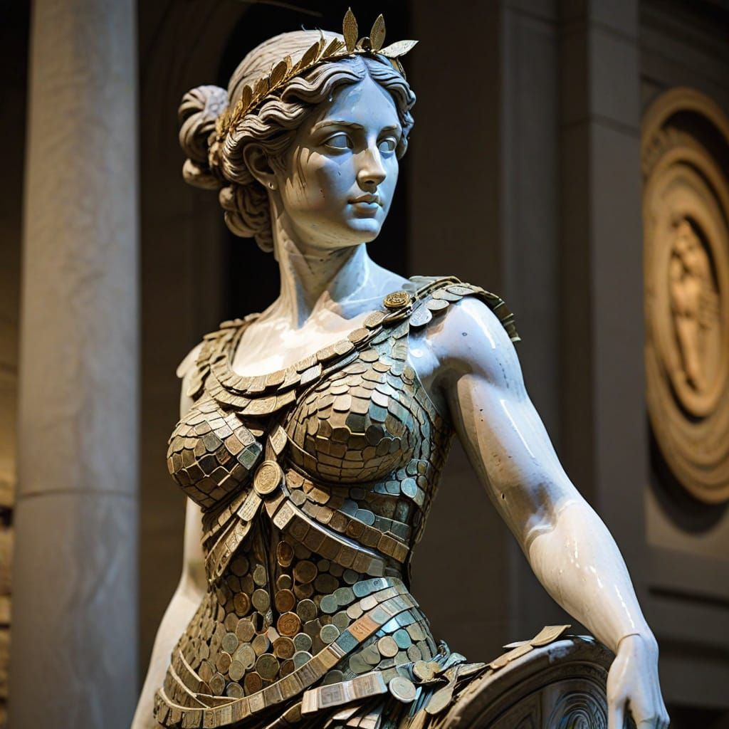 Greek Goddess Sculpture Made of Banknotes on Coin Pedestal