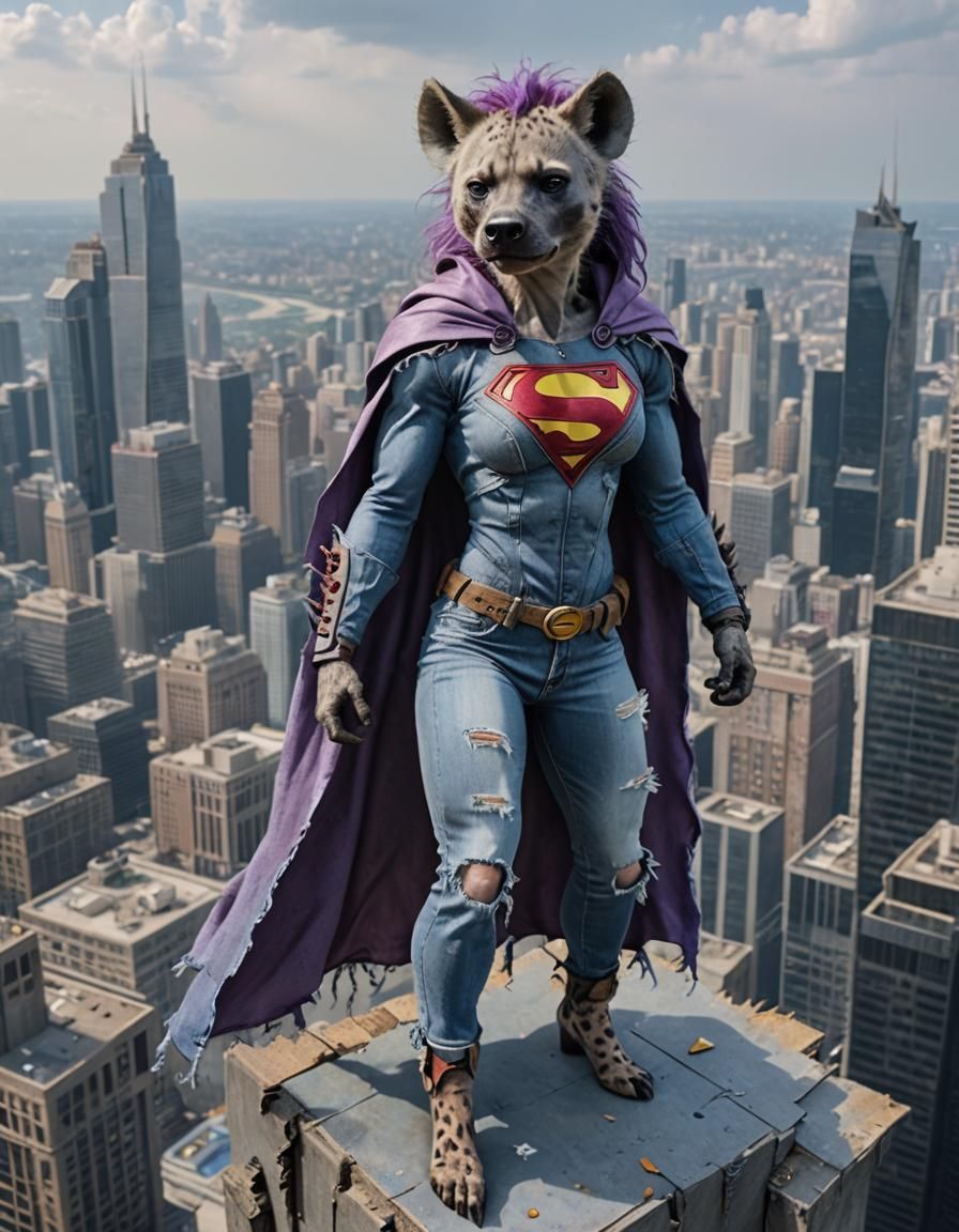 Heroic Furry Hyena in Superman Costume: 8k Hyperrealism