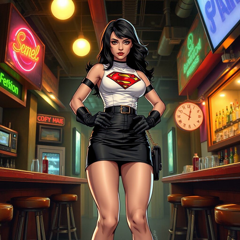 Superheroine in Neon Bar, Comic Book Art
