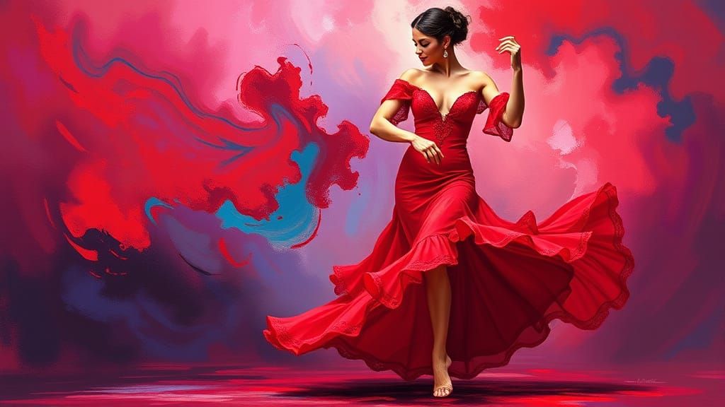 Flamenco Dancer in Red Dress, Expressive Brushstrokes