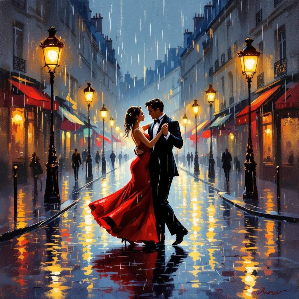 Couple Dancing in Paris Rain, Romantic Oil Painting Style