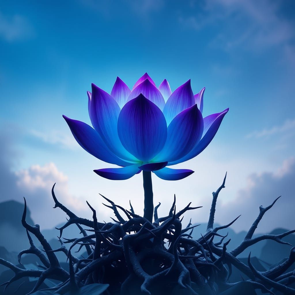 Electric Blue Lotus Rises from Dark, Twisted Thorns