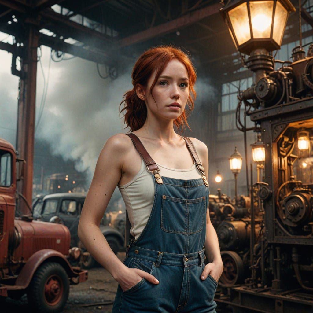 Redhead Steampunk Operator in Industrial Landscape