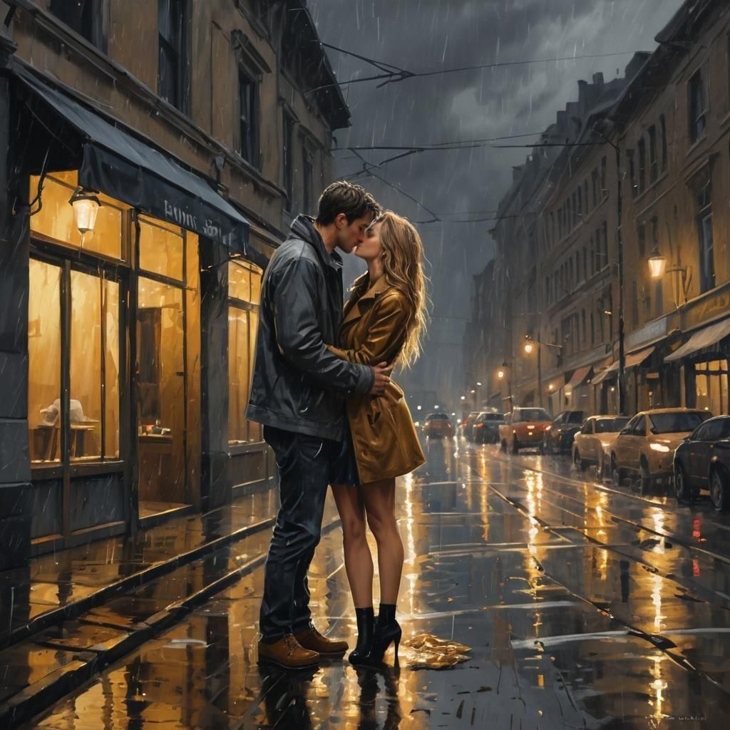 Couple in Rainy Cityscape, Film Noir Style