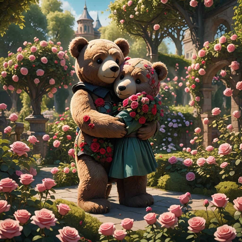 Teddy Bear Hug in Rose Garden, Detailed Matte Painting