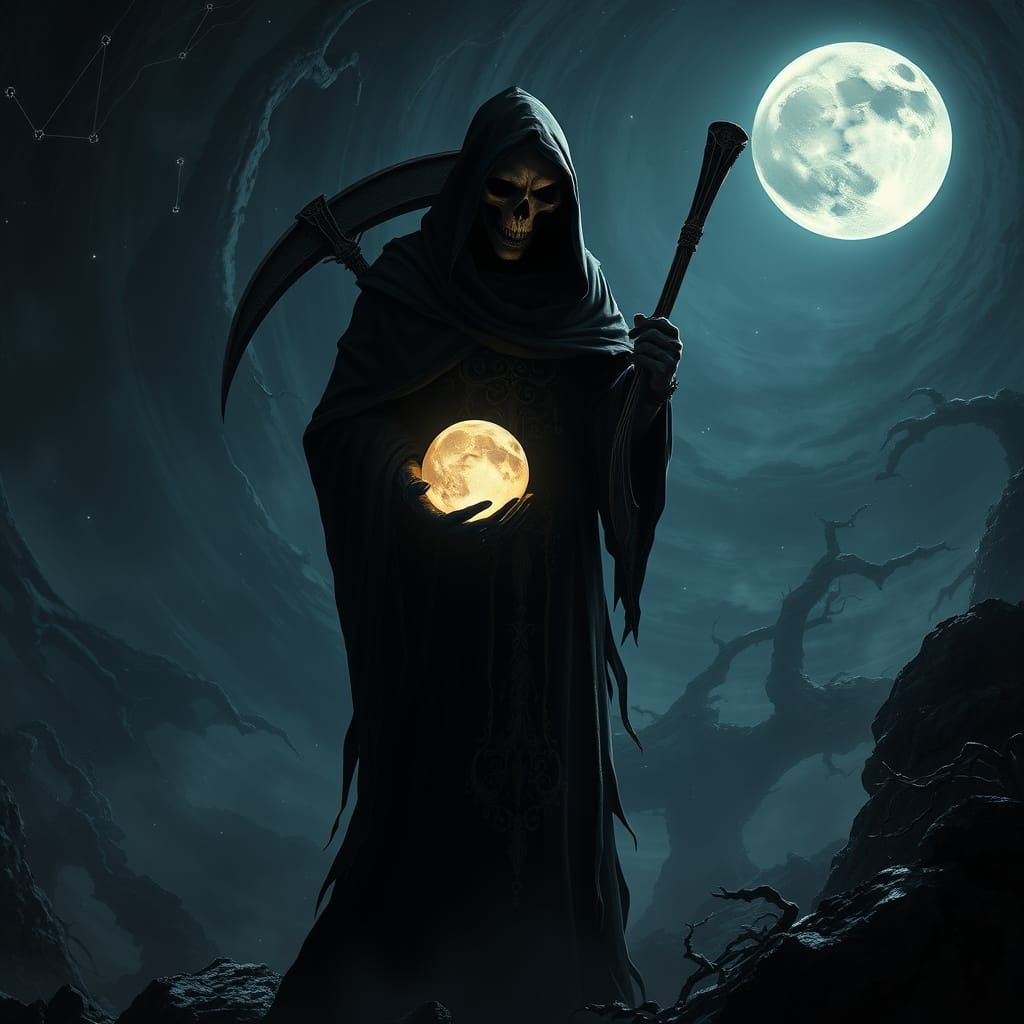 Grim Reaper with Orb Against Moon, Gothic Horror Art