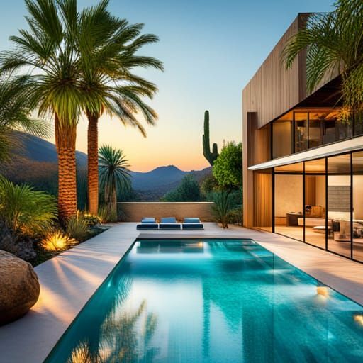 Desert Oasis with Pool and Palm Trees