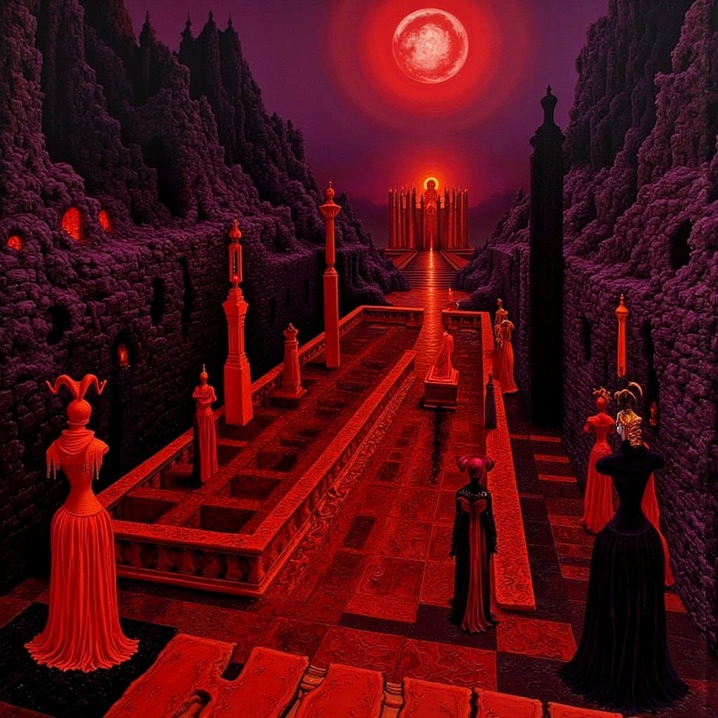 Esoteric Labyrinth with Chess Figures in Oil Paint