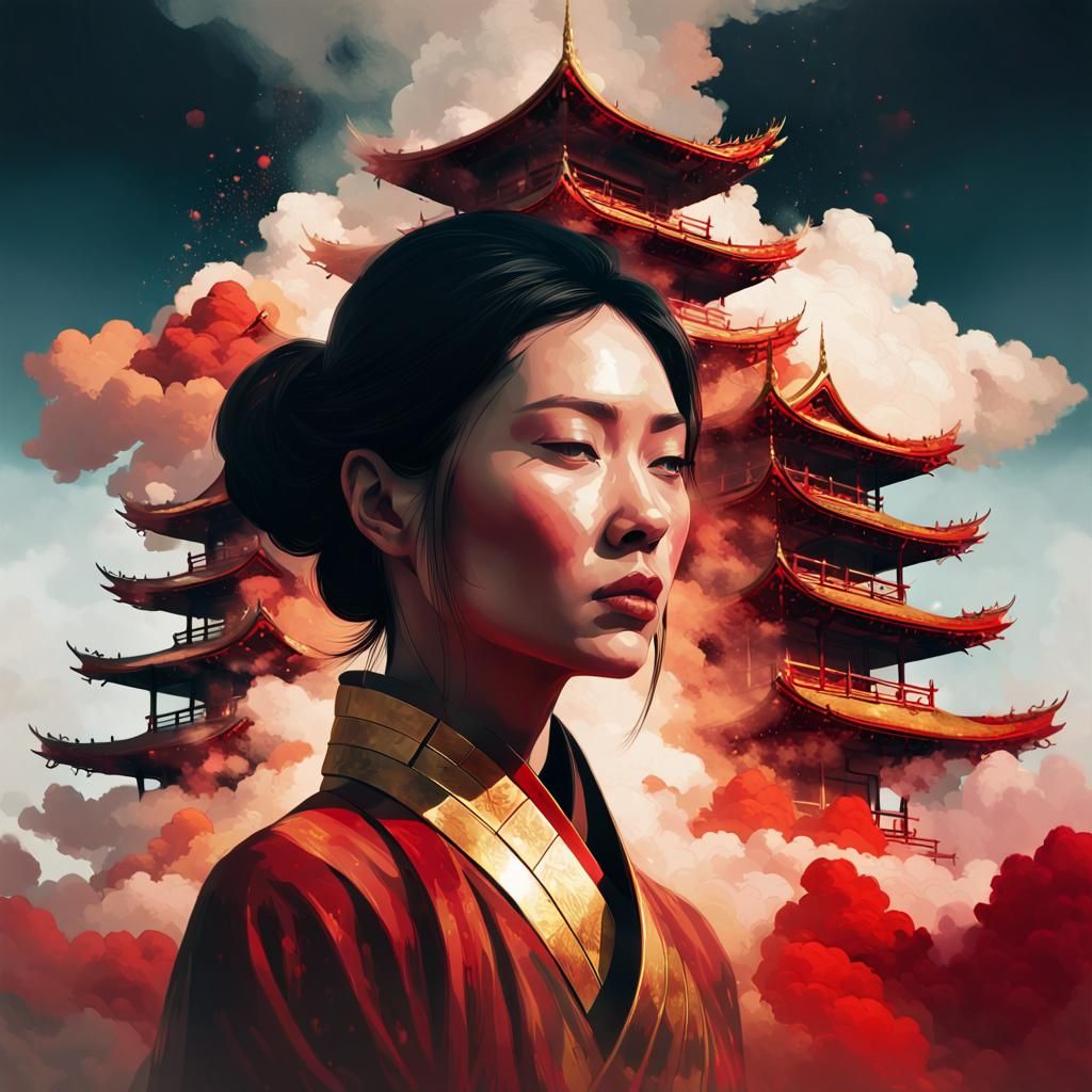 Double Exposure: Mother and Asian Pagoda in Vibrant Colors