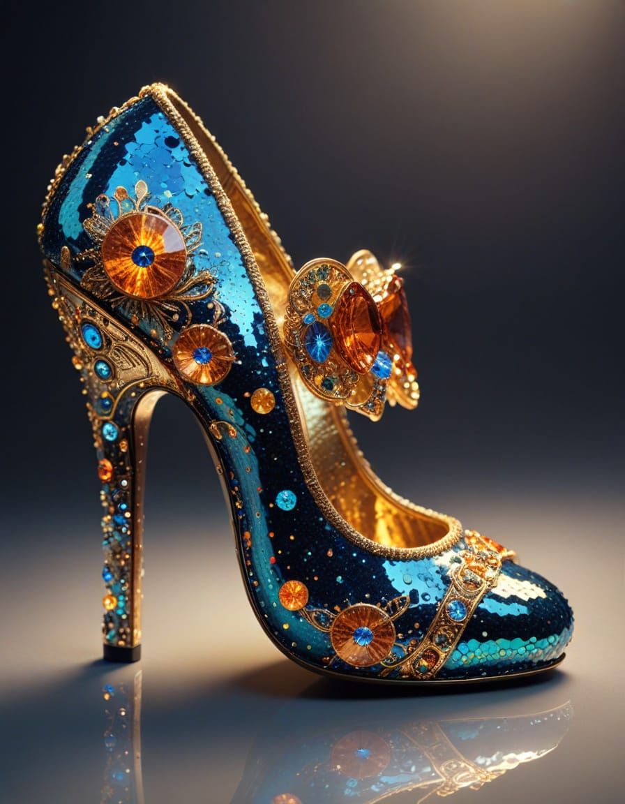 Surreal Metamorphic Glass Shoe in a Sparkly Quantum Dream