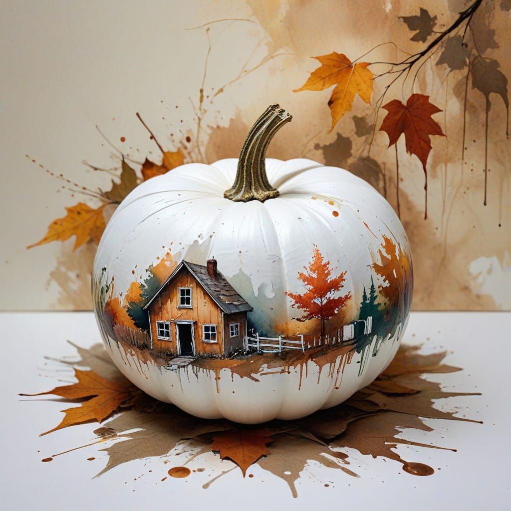 Watercolor Pumpkin Cottage in Muted Autumn Tones