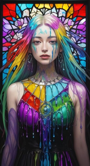 Euphoria Flowerfall Portrait in Stained Glass Paint Drip Art