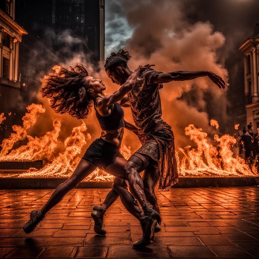 Dancers Amidst City Fire: Hyperrealistic HDR Image
