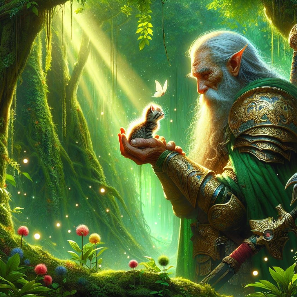 Warrior and Kitten in Magical Forest