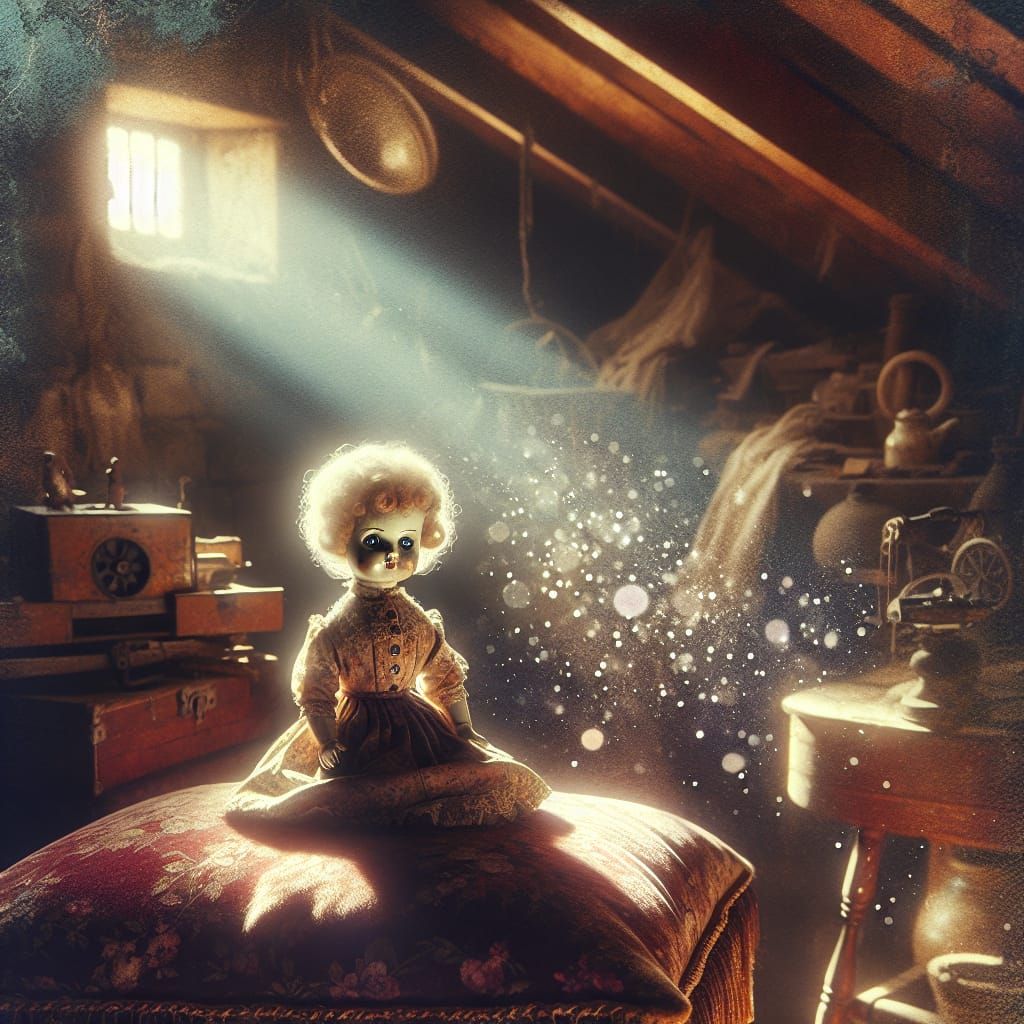 Antique Porcelain Doll in Sunlit Attic