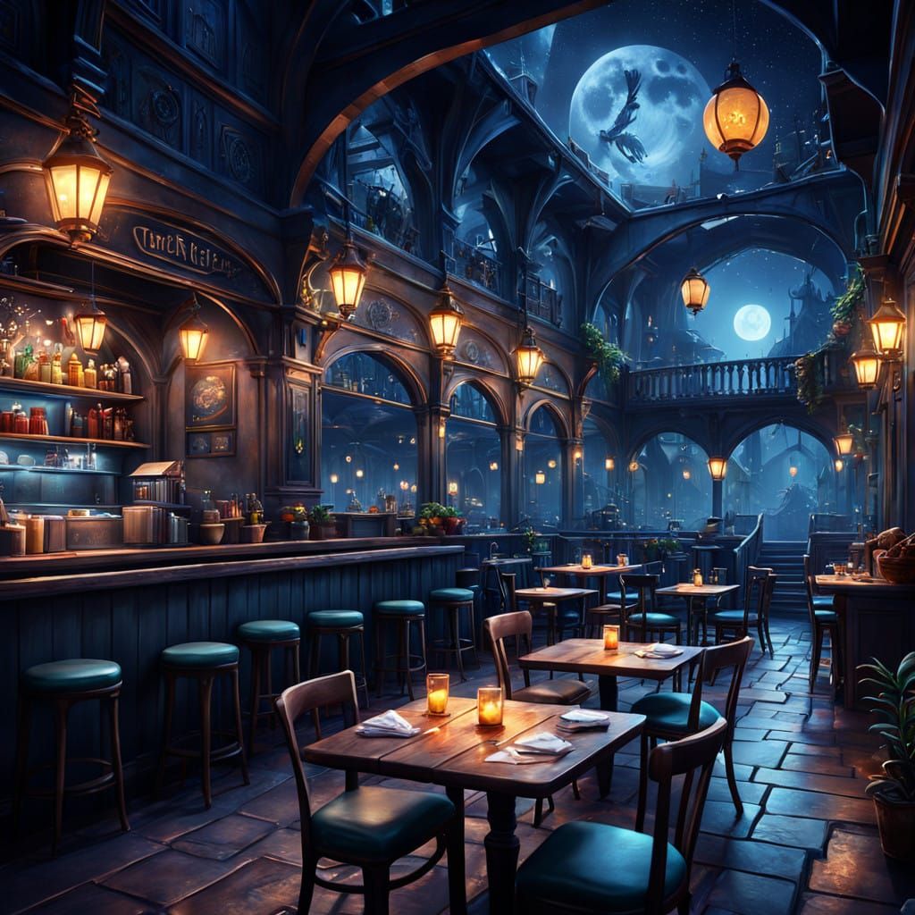 Surreal Nighttime Scene in a Fantastical Café