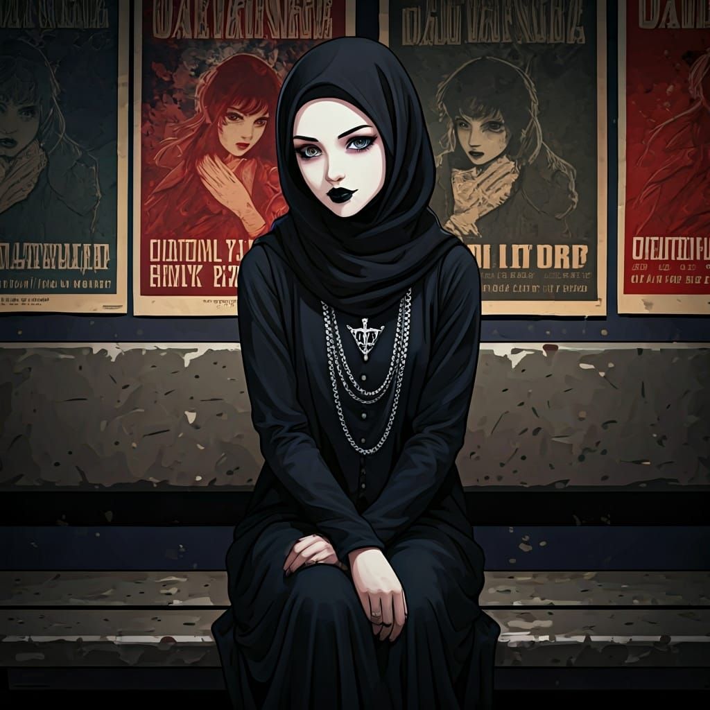 Goth Girl in Hijab on Bench, Anime-Style Digital Art
