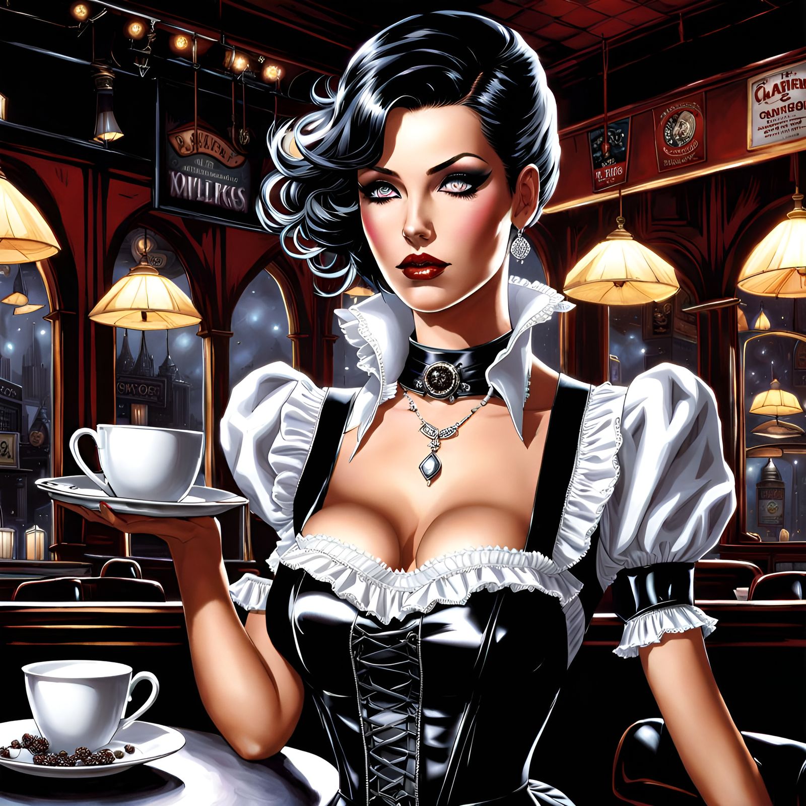 Gothic Maid Serving Coffee, Splash Art Style