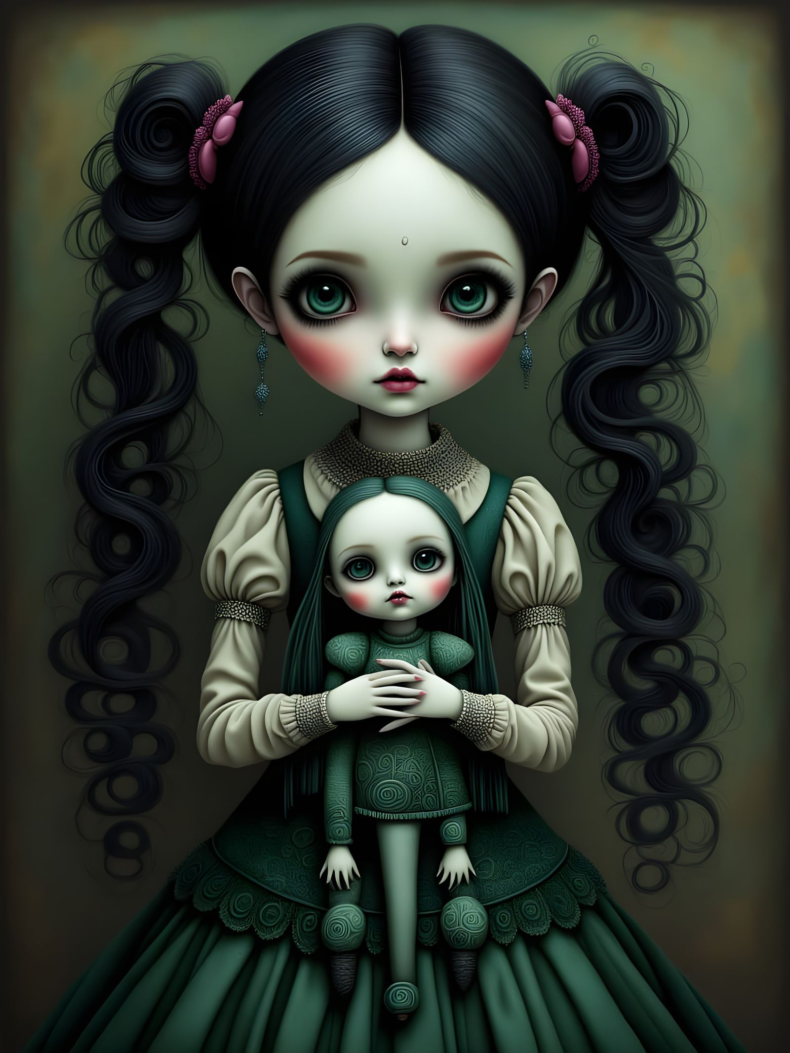 Wednesday-Inspired Girl with Creepy Doll in Whimsical Style