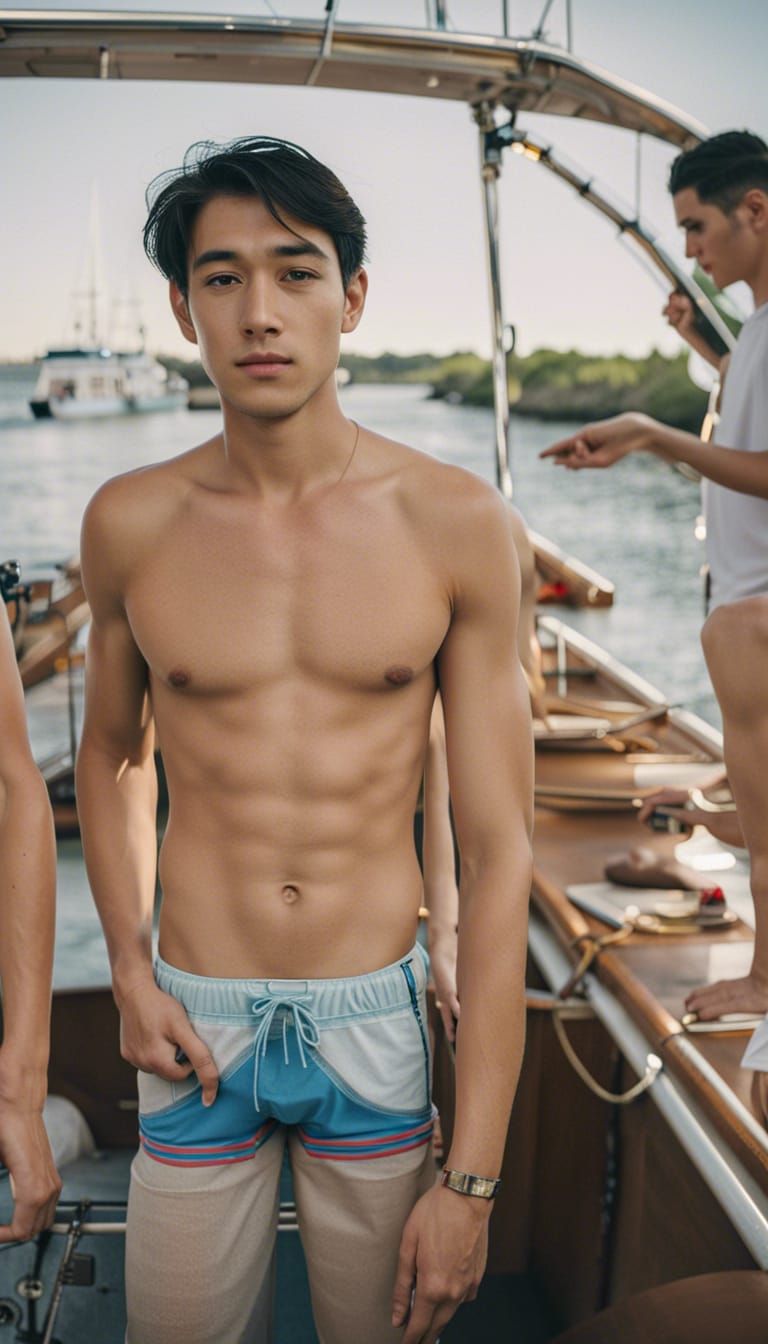 Shirtless Men in Underwear on Boat