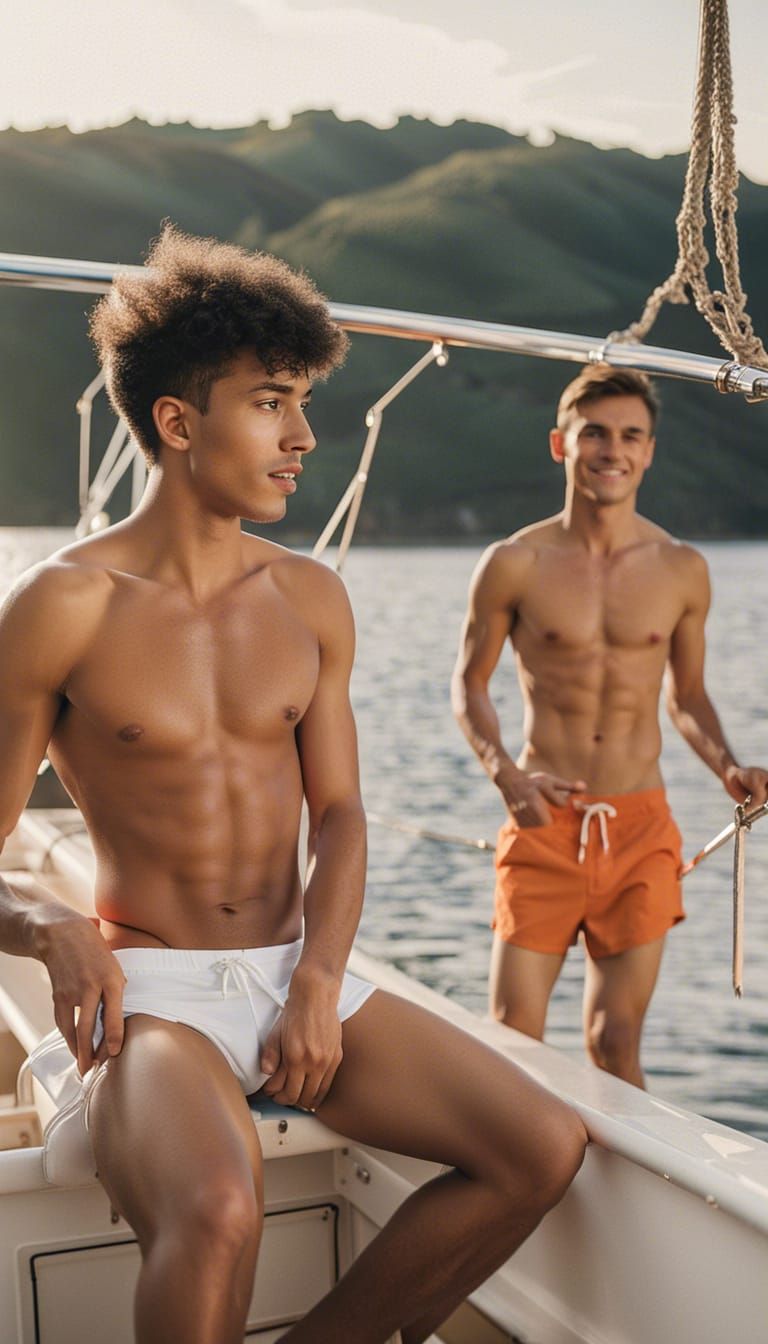 Shirtless Men in Underwear Enjoying a Boat Trip