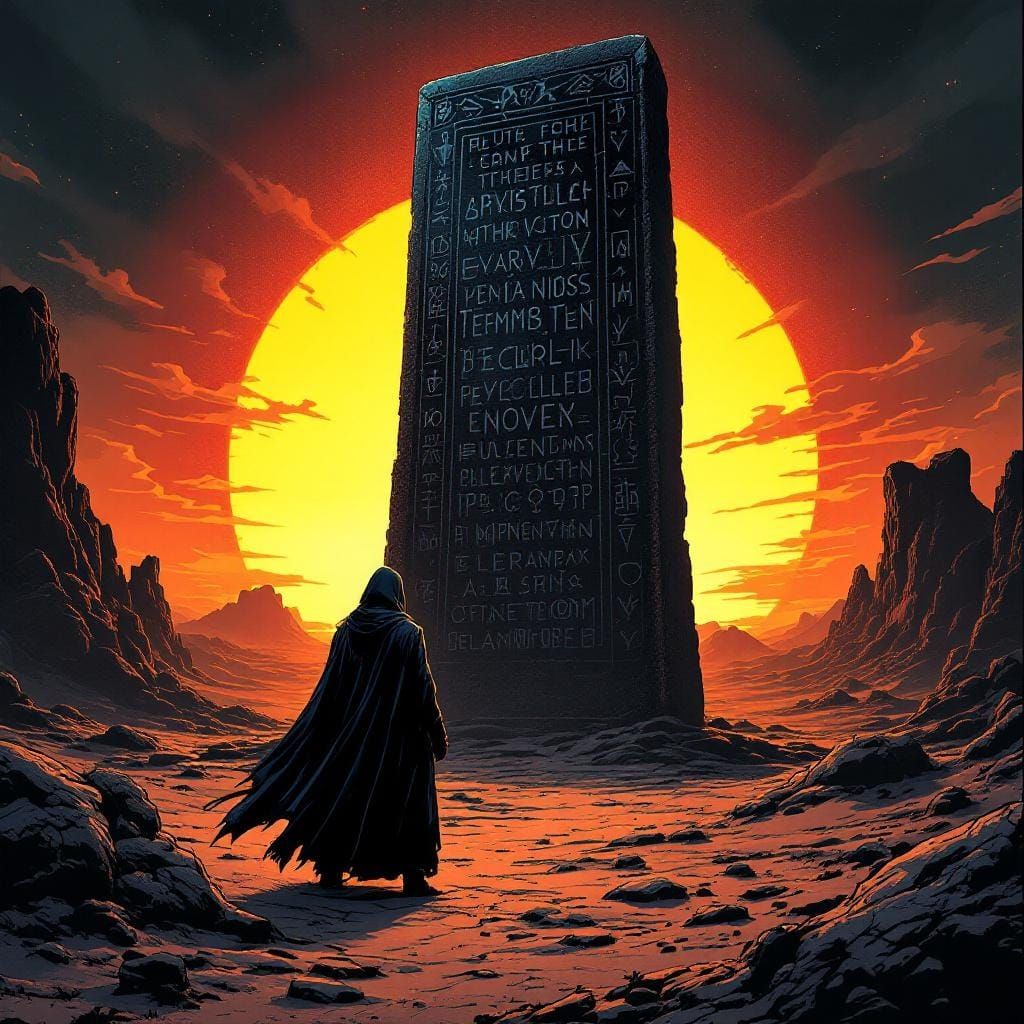Mysterious Figure Before Ancient Alien Monolith in Comic Sty...